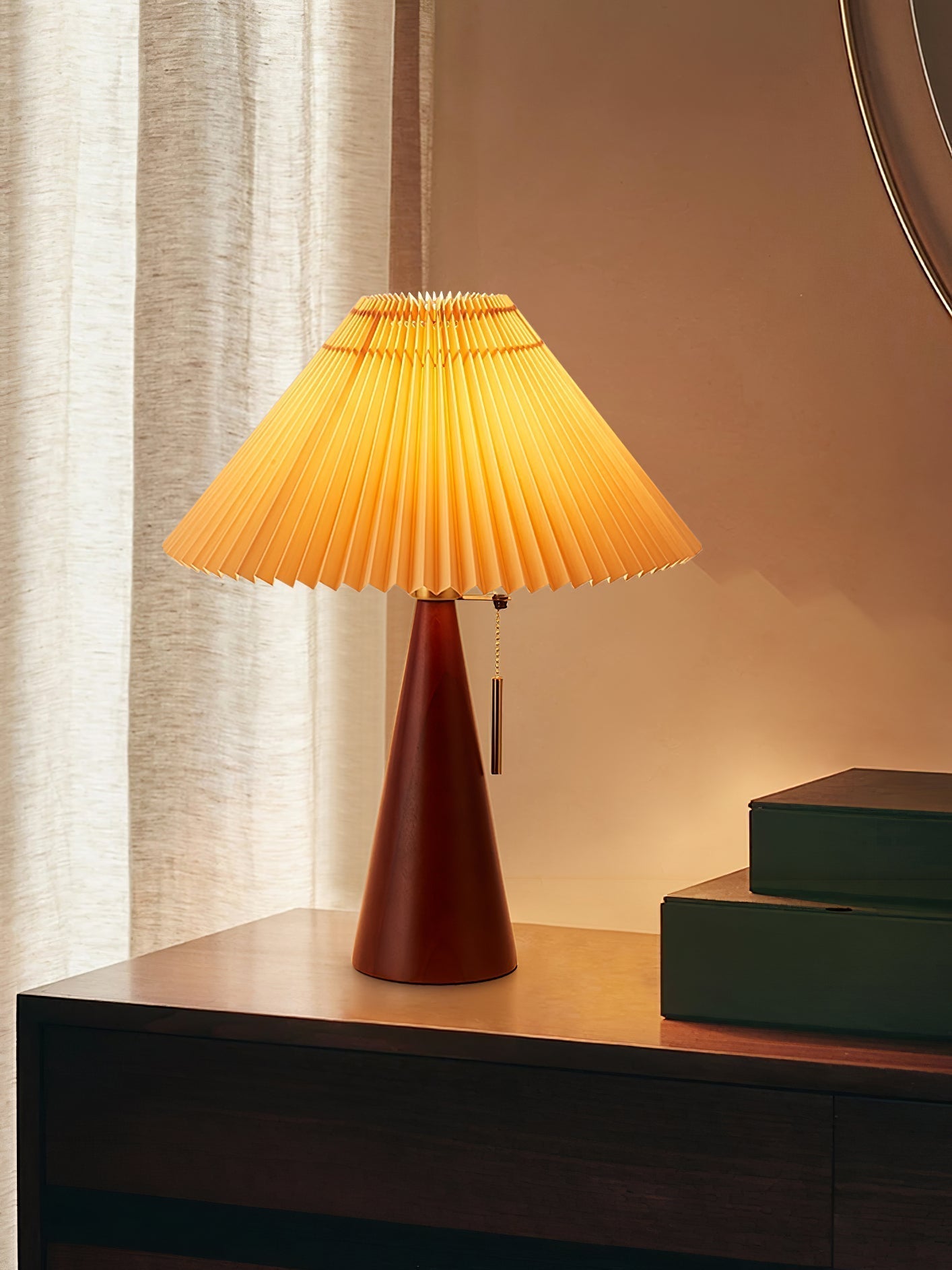 Elegant Wood and Metal Table Lamp with Pleated Linen Shade