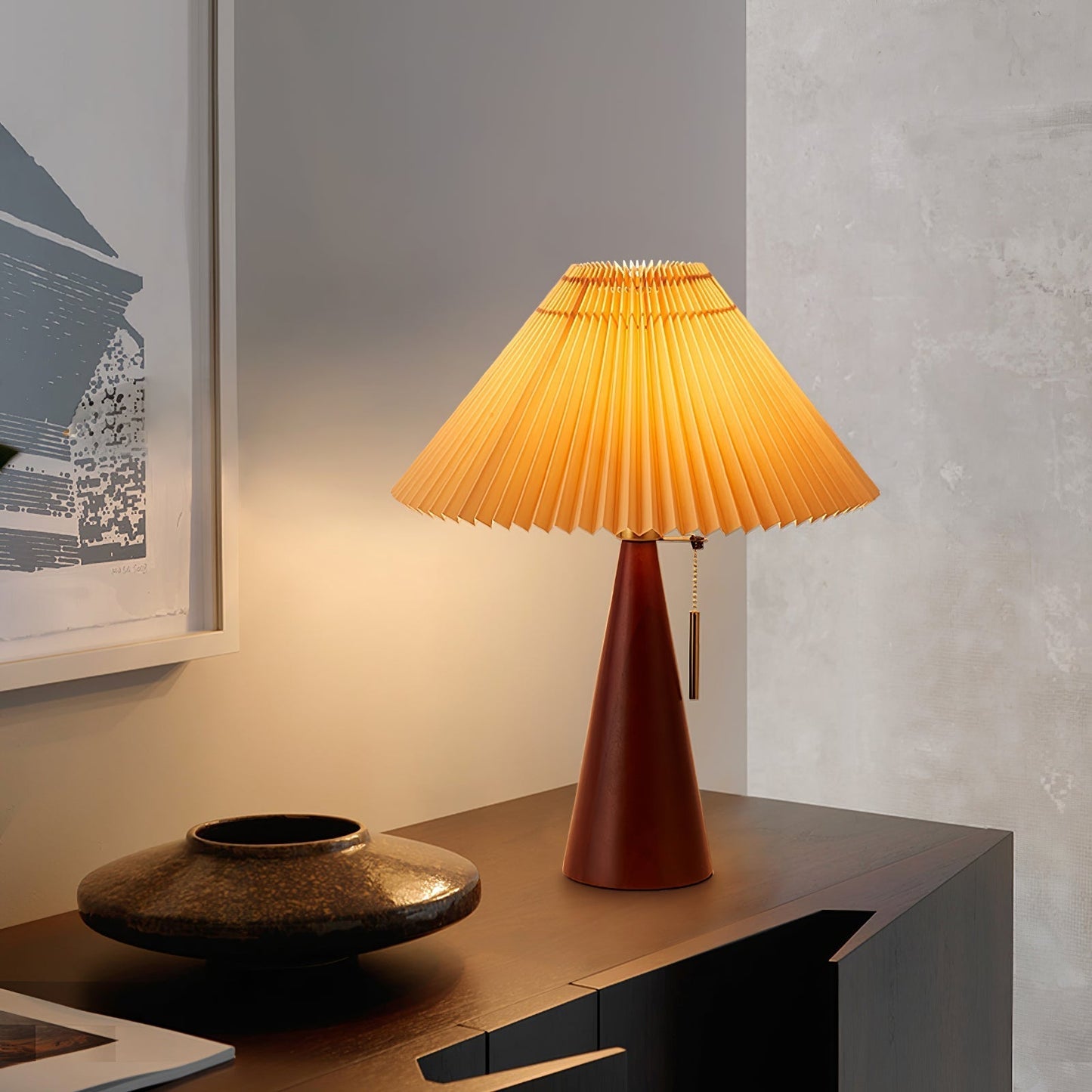 Elegant Wood and Metal Table Lamp with Pleated Linen Shade