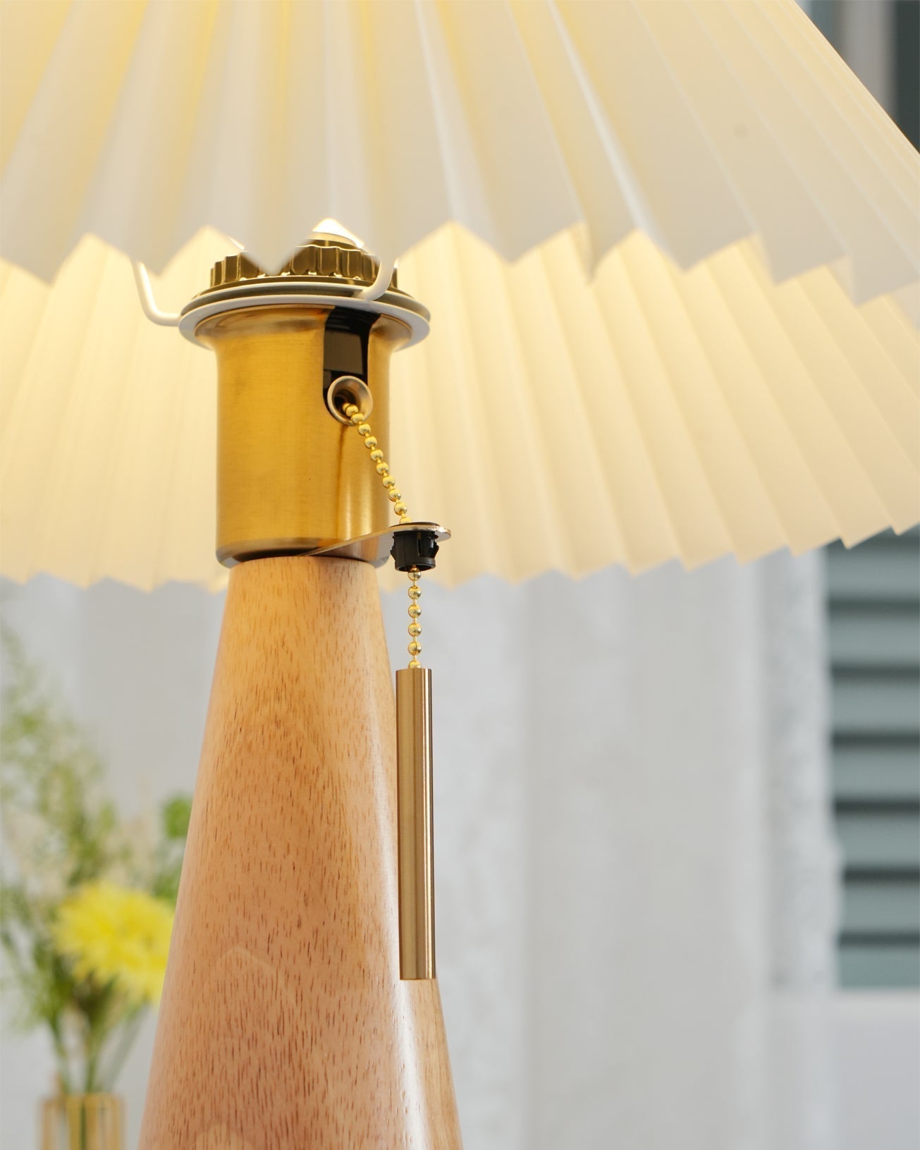 Elegant Wood and Metal Table Lamp with Pleated Linen Shade
