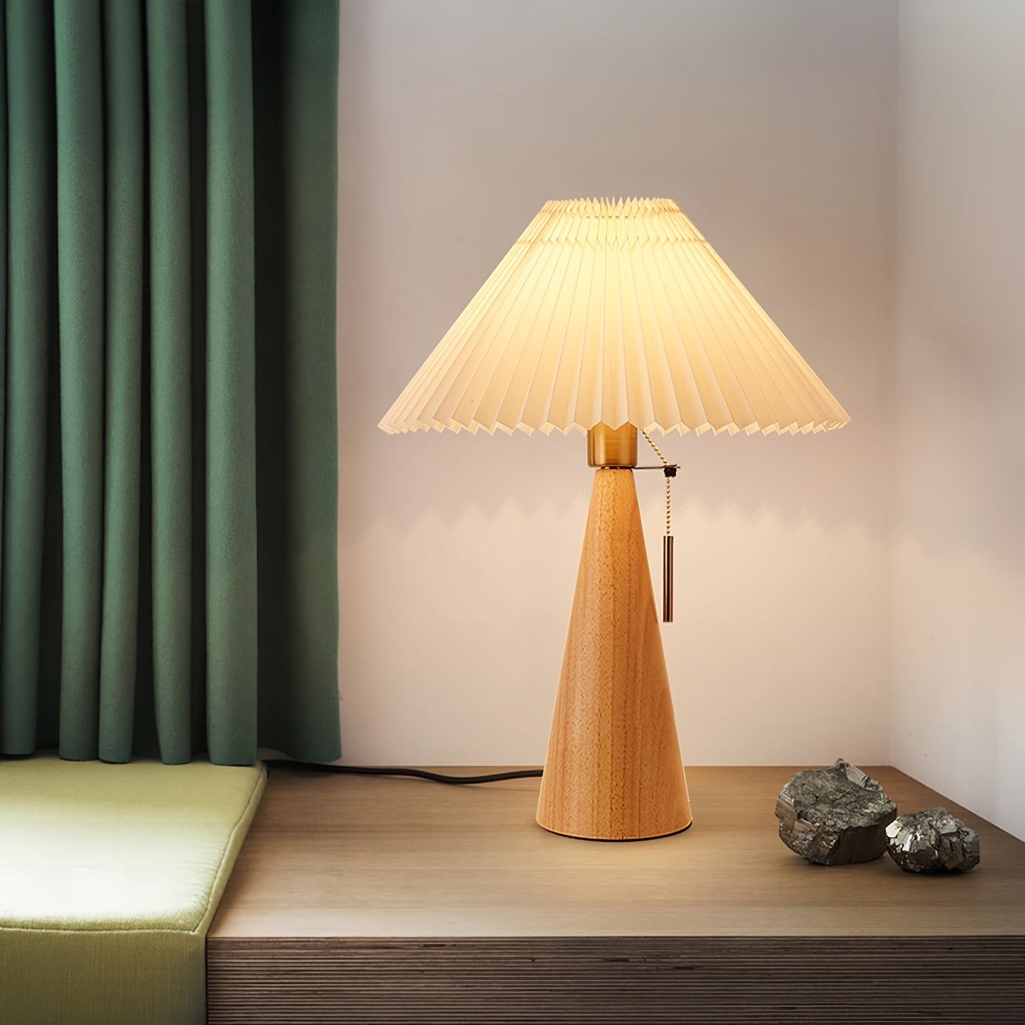 Elegant Wood and Metal Table Lamp with Pleated Linen Shade