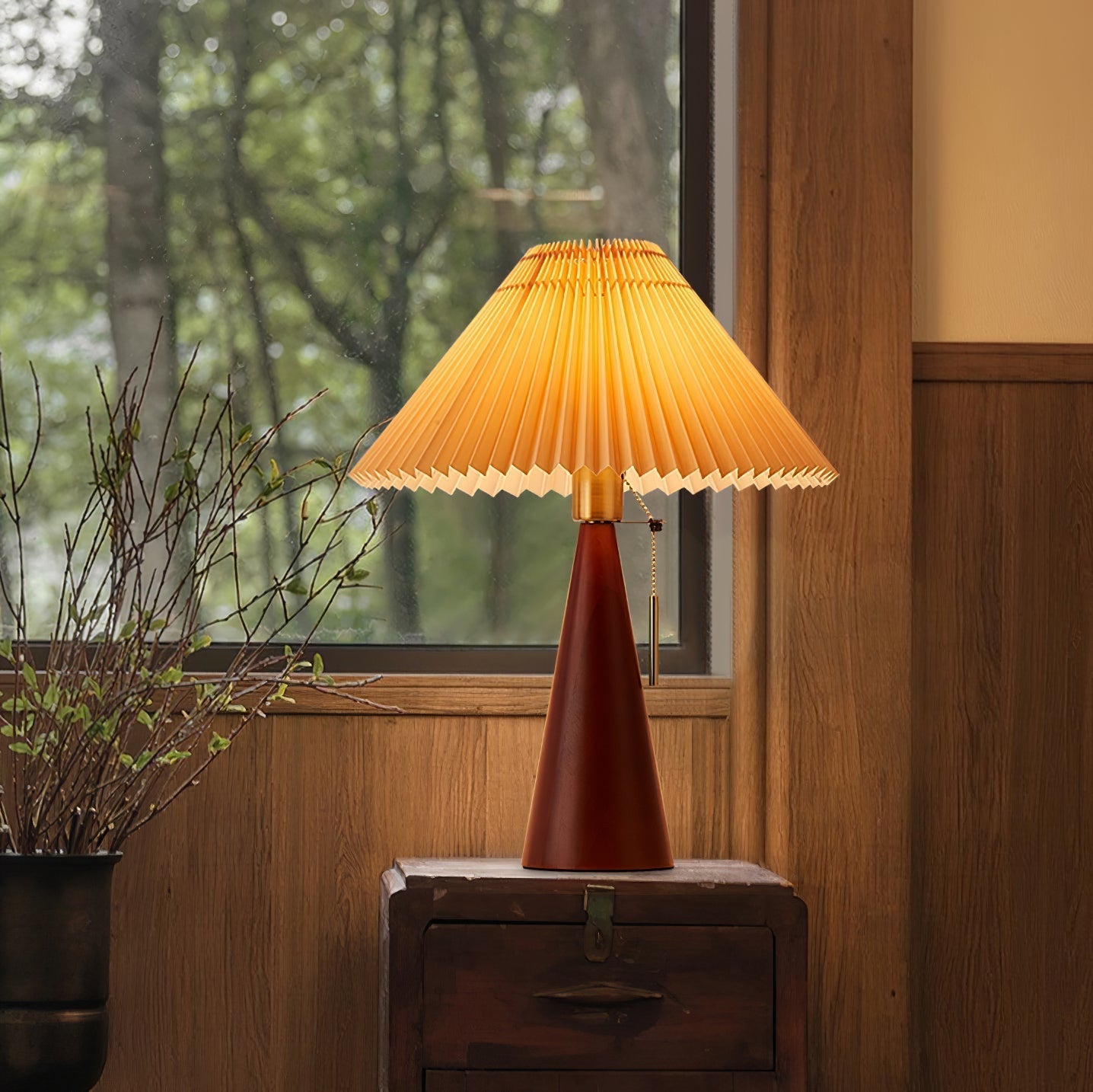 Elegant Wood and Metal Table Lamp with Pleated Linen Shade