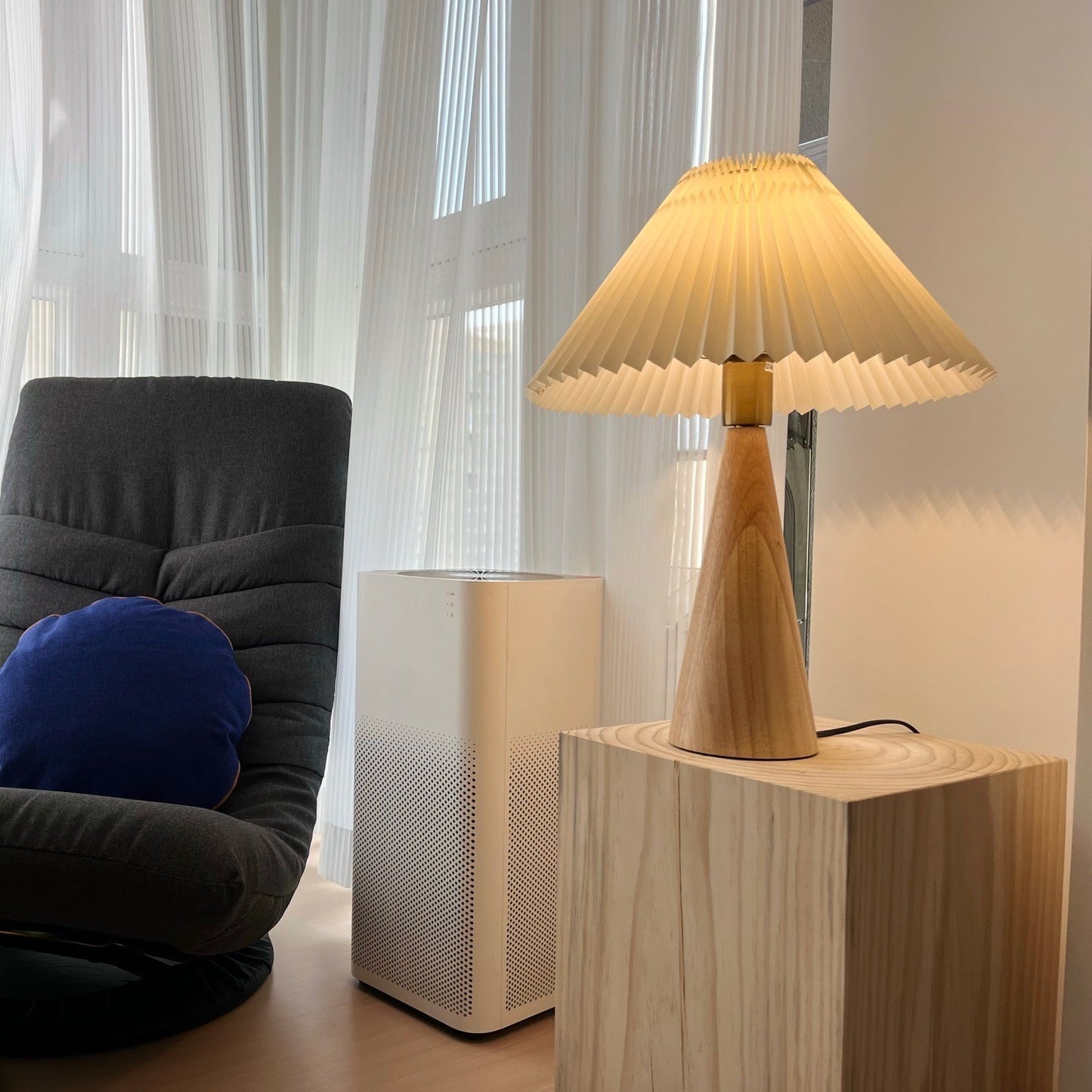 Elegant Wood and Metal Table Lamp with Pleated Linen Shade