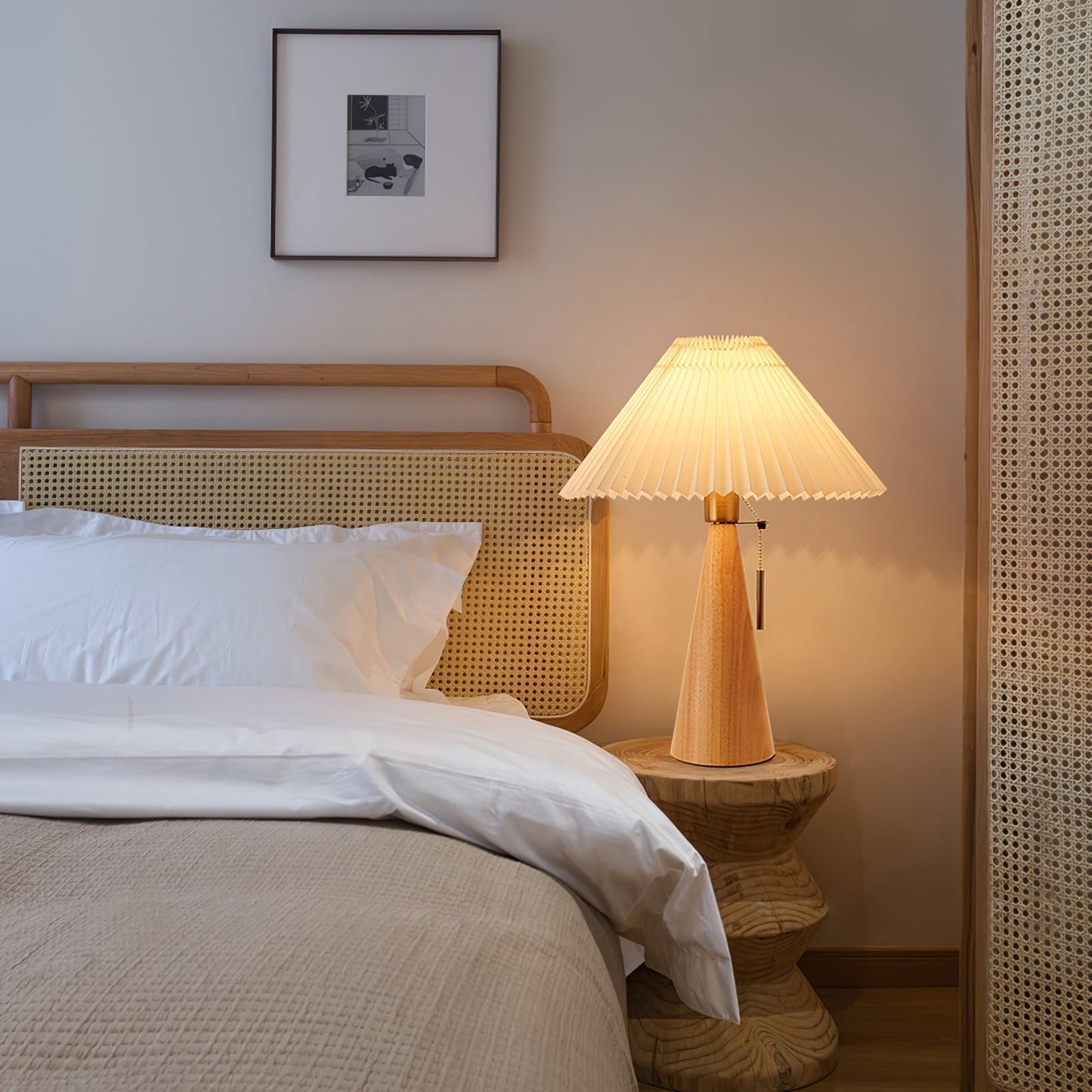 Elegant Wood and Metal Table Lamp with Pleated Linen Shade