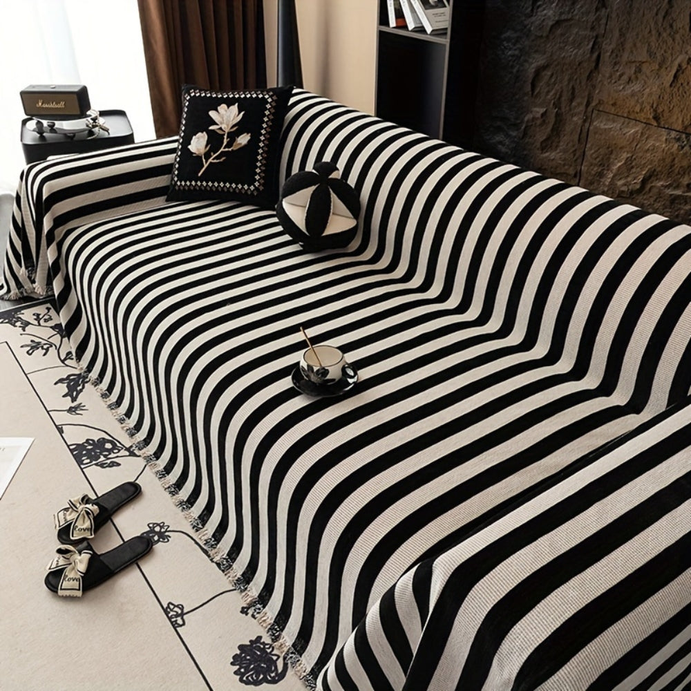 Black and White Striped Chenille Sofa Cover