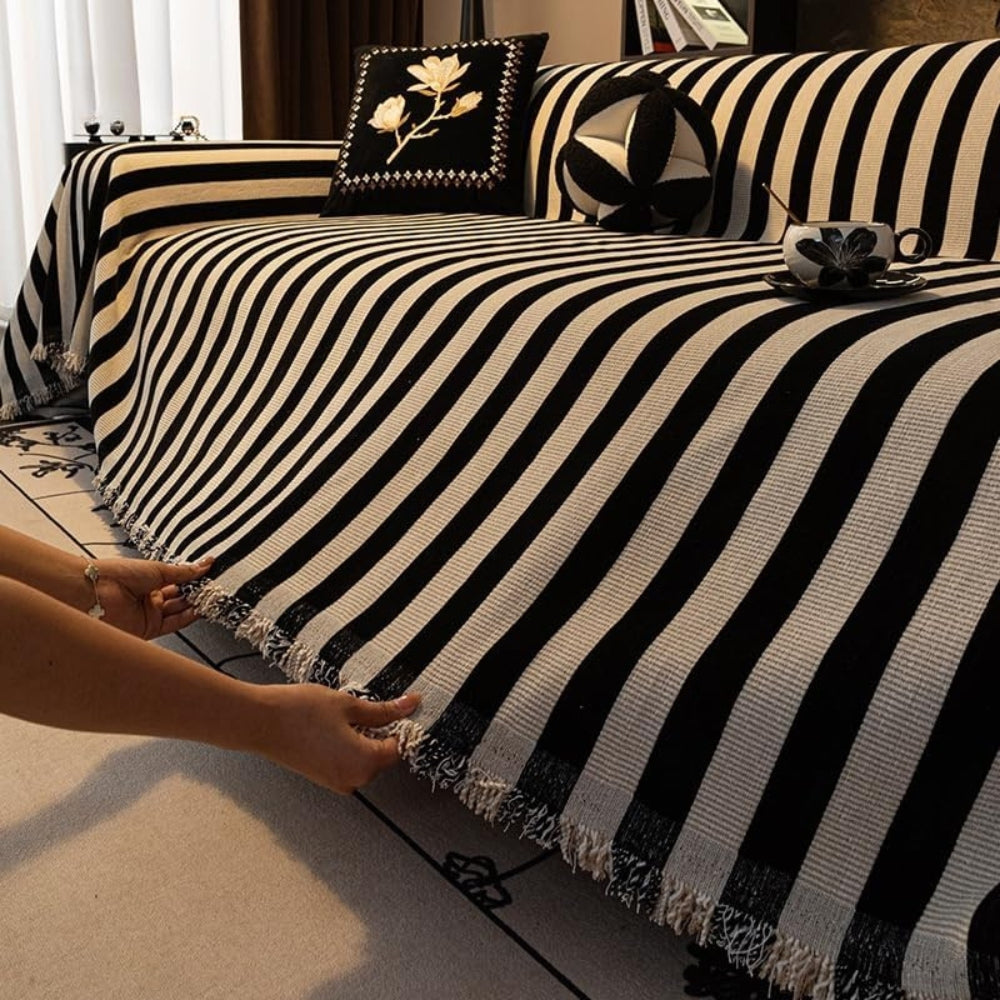 Striped Chenille Black and White Sofa Cover