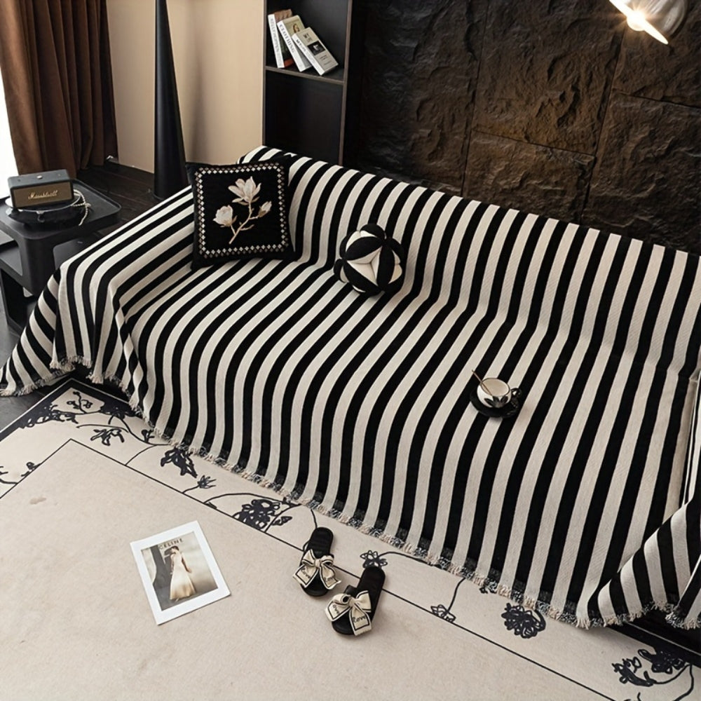 Black and White Striped Chenille Sofa Cover