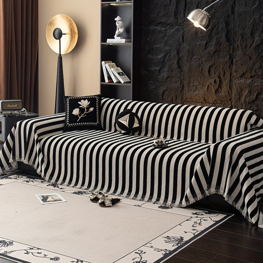 Striped Chenille Black and White Sofa Cover