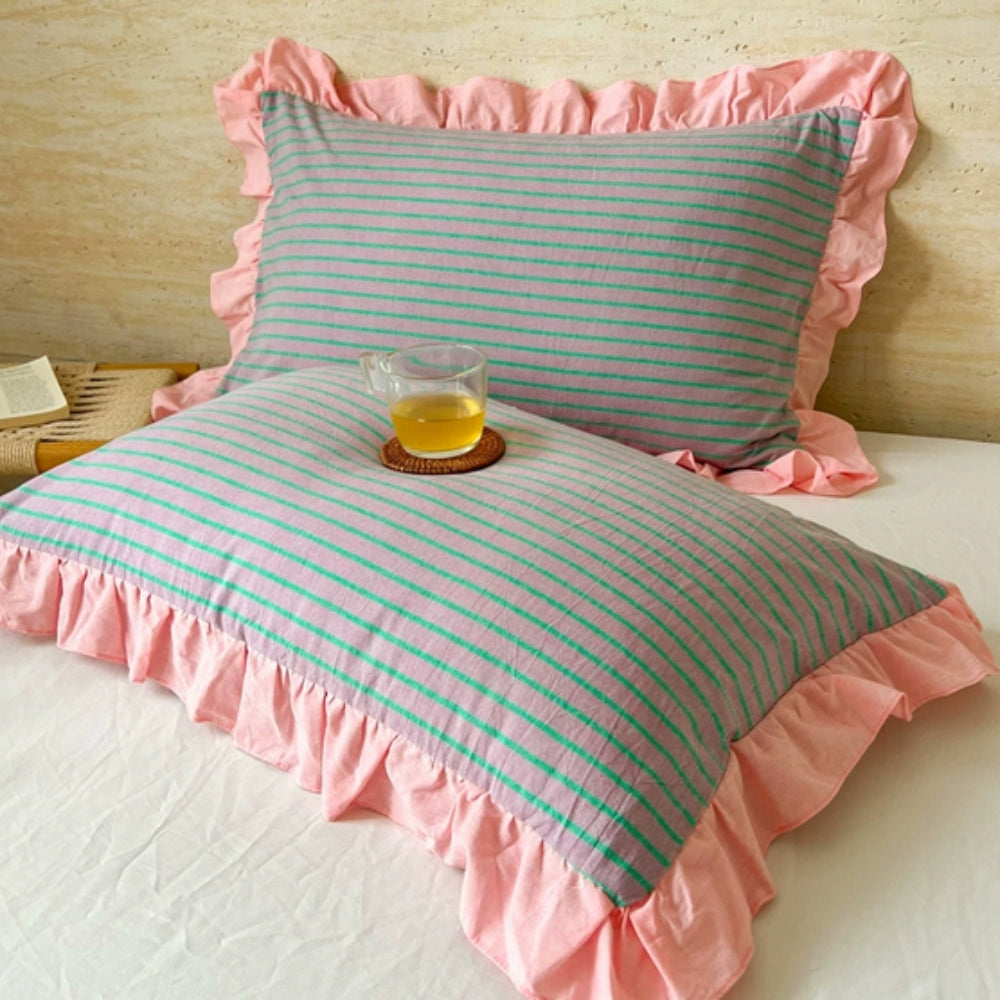 Striped Ruffled Lace Pillowcases in Soft Microfiber