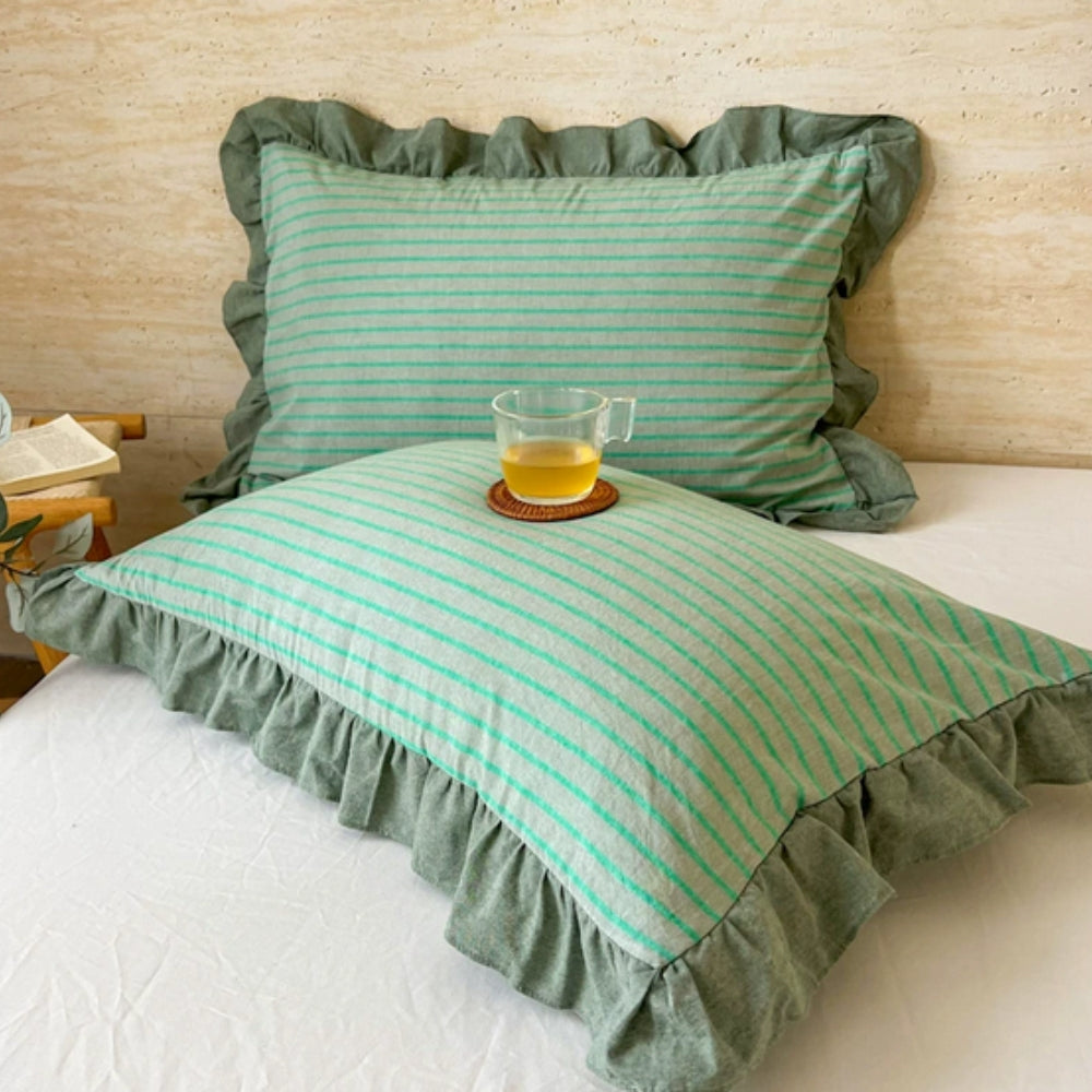 Striped Ruffled Lace Pillowcases in Soft Microfiber