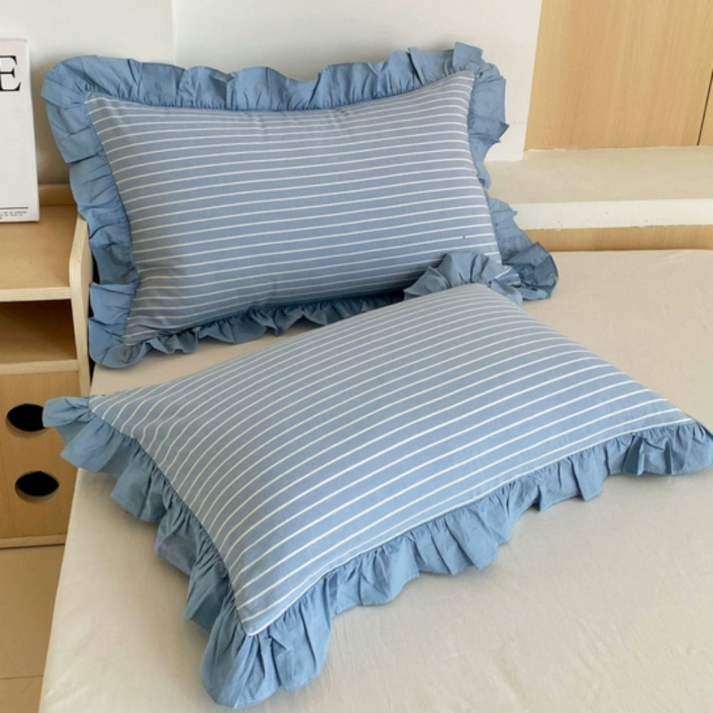 Striped Ruffled Lace Pillowcases in Soft Microfiber