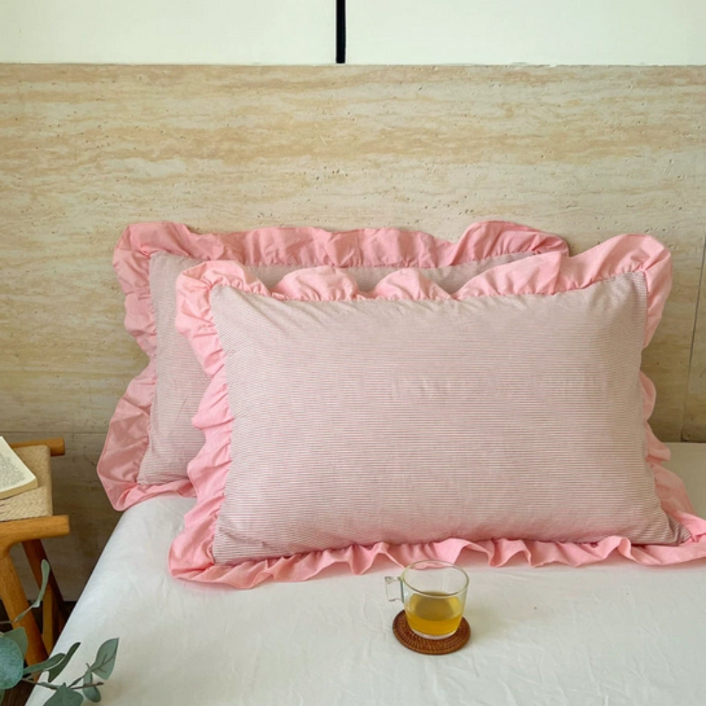 Striped Ruffled Lace Pillowcases in Soft Microfiber