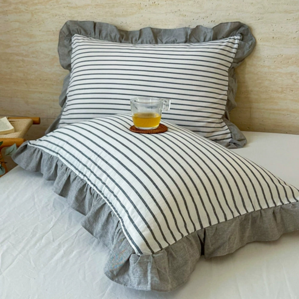 Striped Ruffled Lace Pillowcases in Soft Microfiber