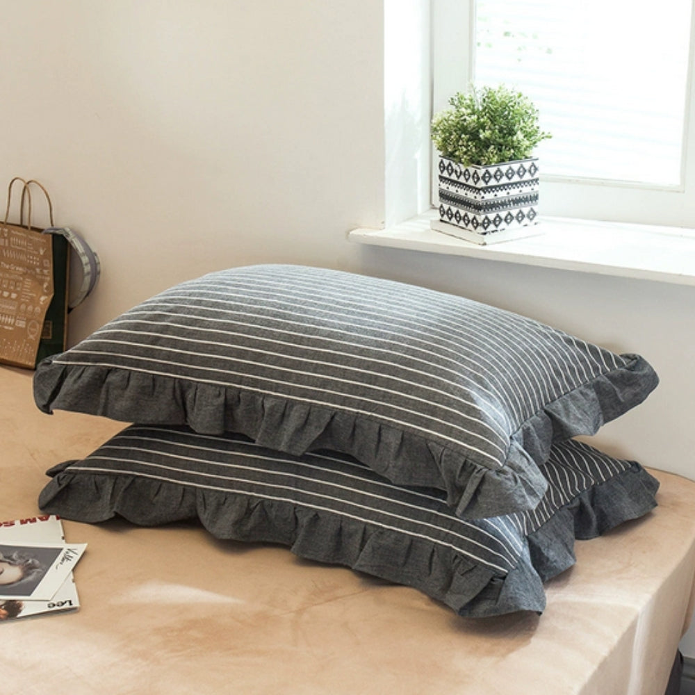 Striped Ruffled Lace Pillowcases in Soft Microfiber