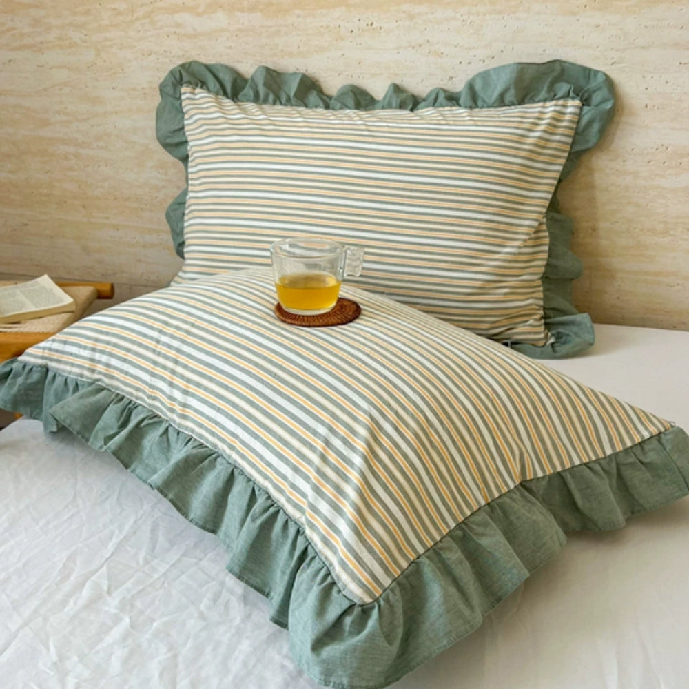 Striped Ruffled Lace Pillowcases in Soft Microfiber
