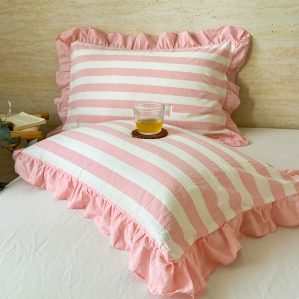 Striped Ruffled Lace Pillowcases in Soft Microfiber