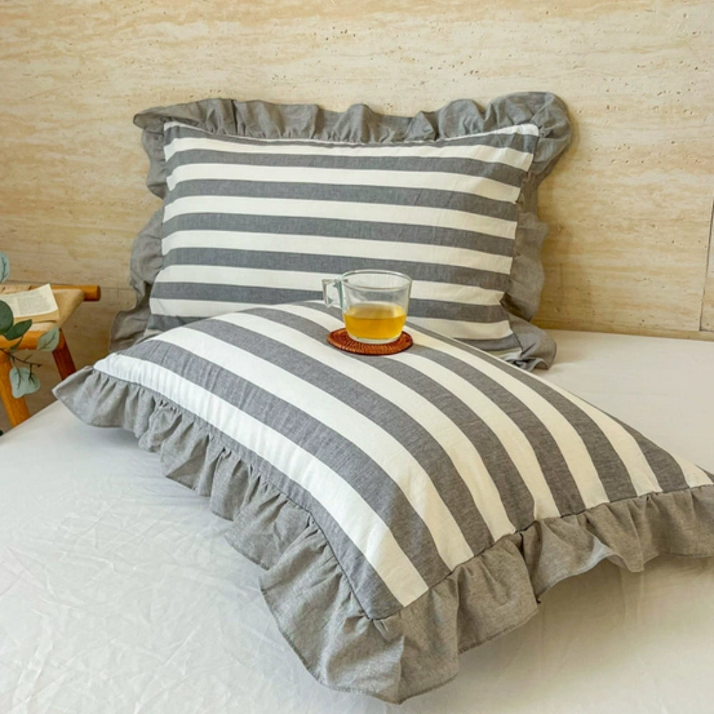 Striped Ruffled Lace Pillowcases in Soft Microfiber