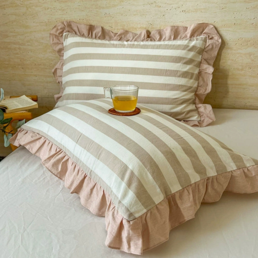 Striped Ruffled Lace Pillowcases in Soft Microfiber