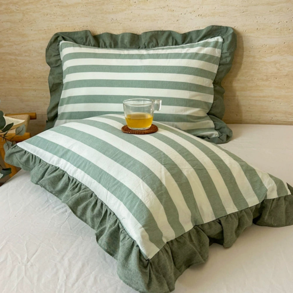 Striped Ruffled Lace Pillowcases in Soft Microfiber