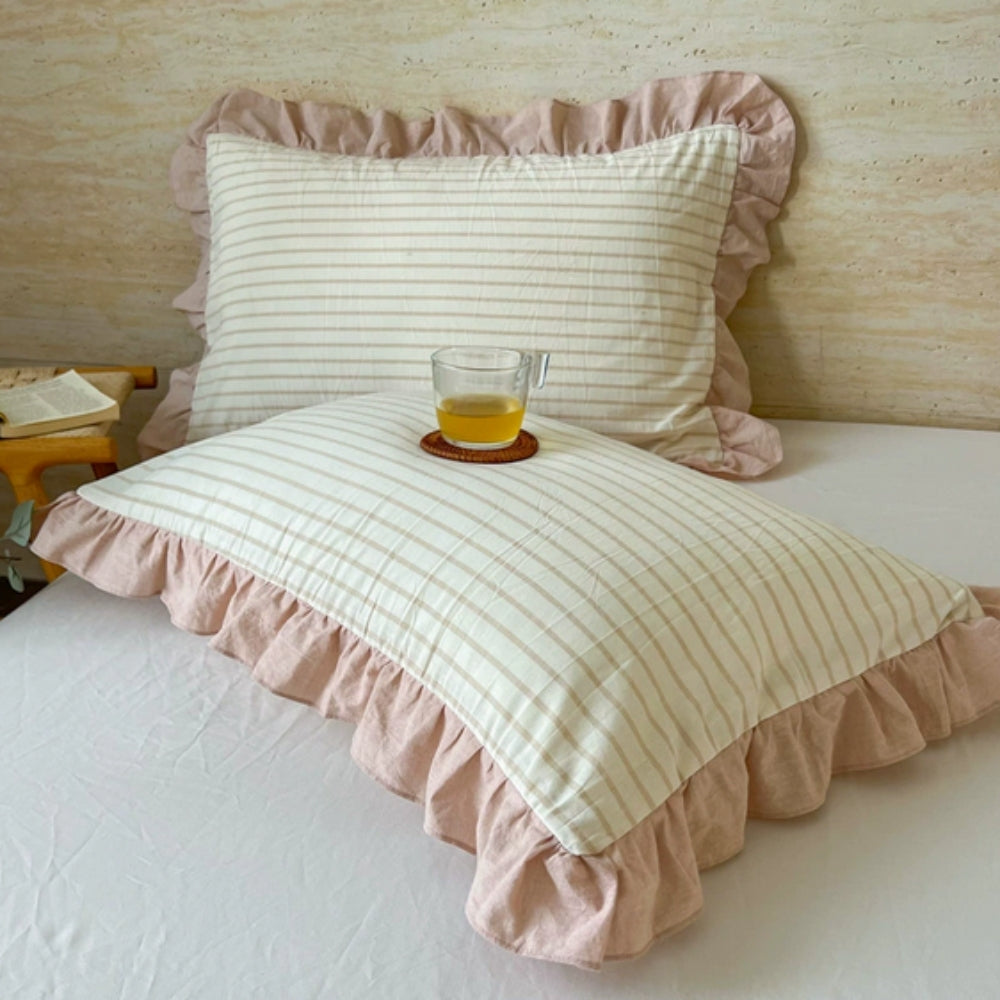 Striped Ruffled Lace Pillowcases in Soft Microfiber