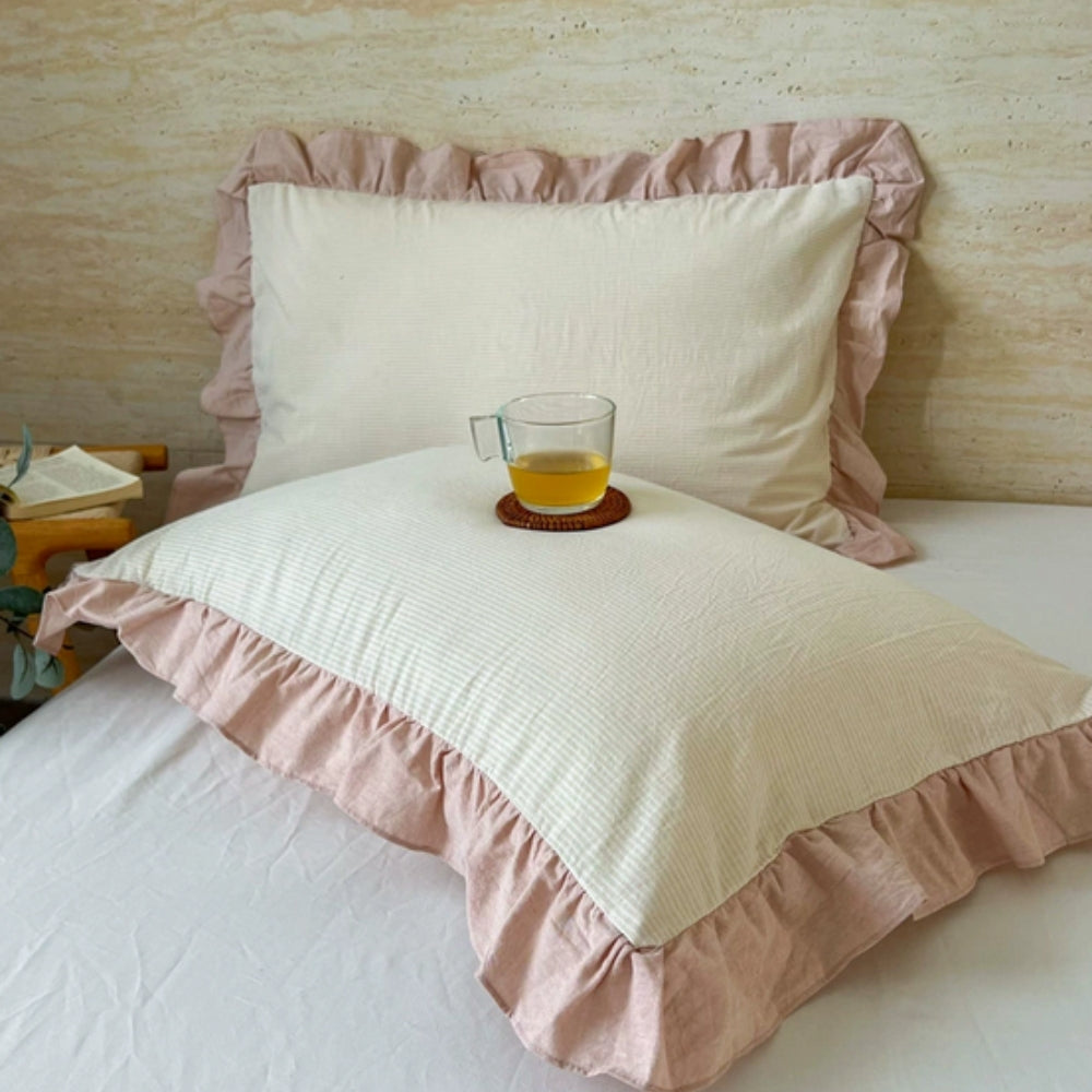 Striped Ruffled Lace Pillowcases in Soft Microfiber