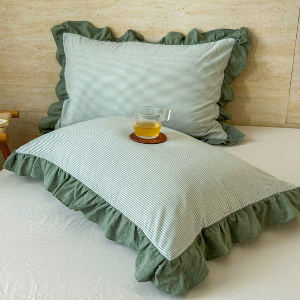 Striped Ruffled Lace Pillowcases in Soft Microfiber