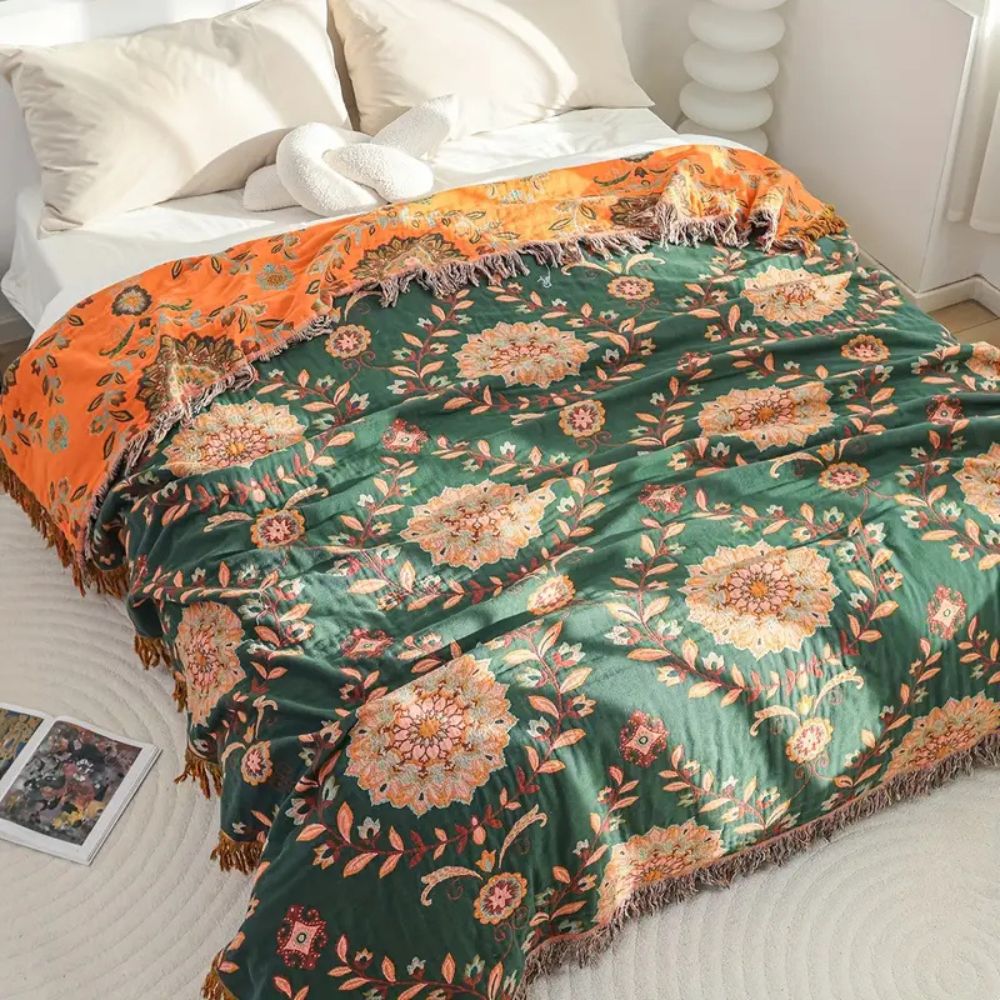 Reversible Vintage Cotton Blanket with Floral Design and Fringe Trim
