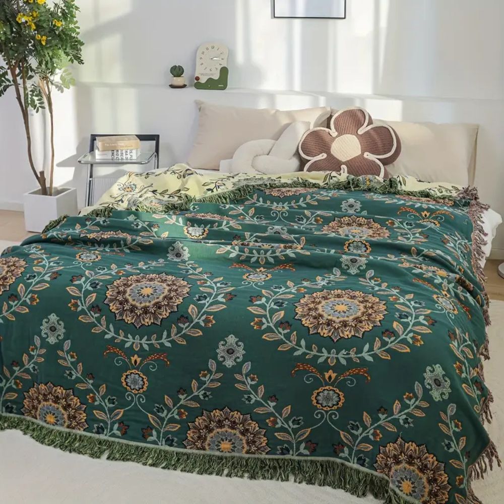 Reversible Vintage Cotton Blanket with Floral Design and Fringe Trim