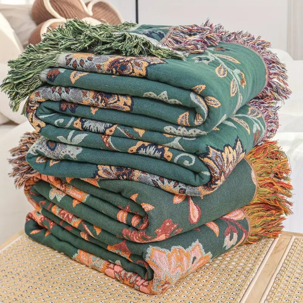 Reversible Vintage Cotton Blanket with Floral Design and Fringe Trim