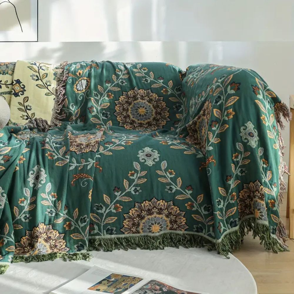 Reversible Vintage Cotton Blanket with Floral Design and Fringe Trim