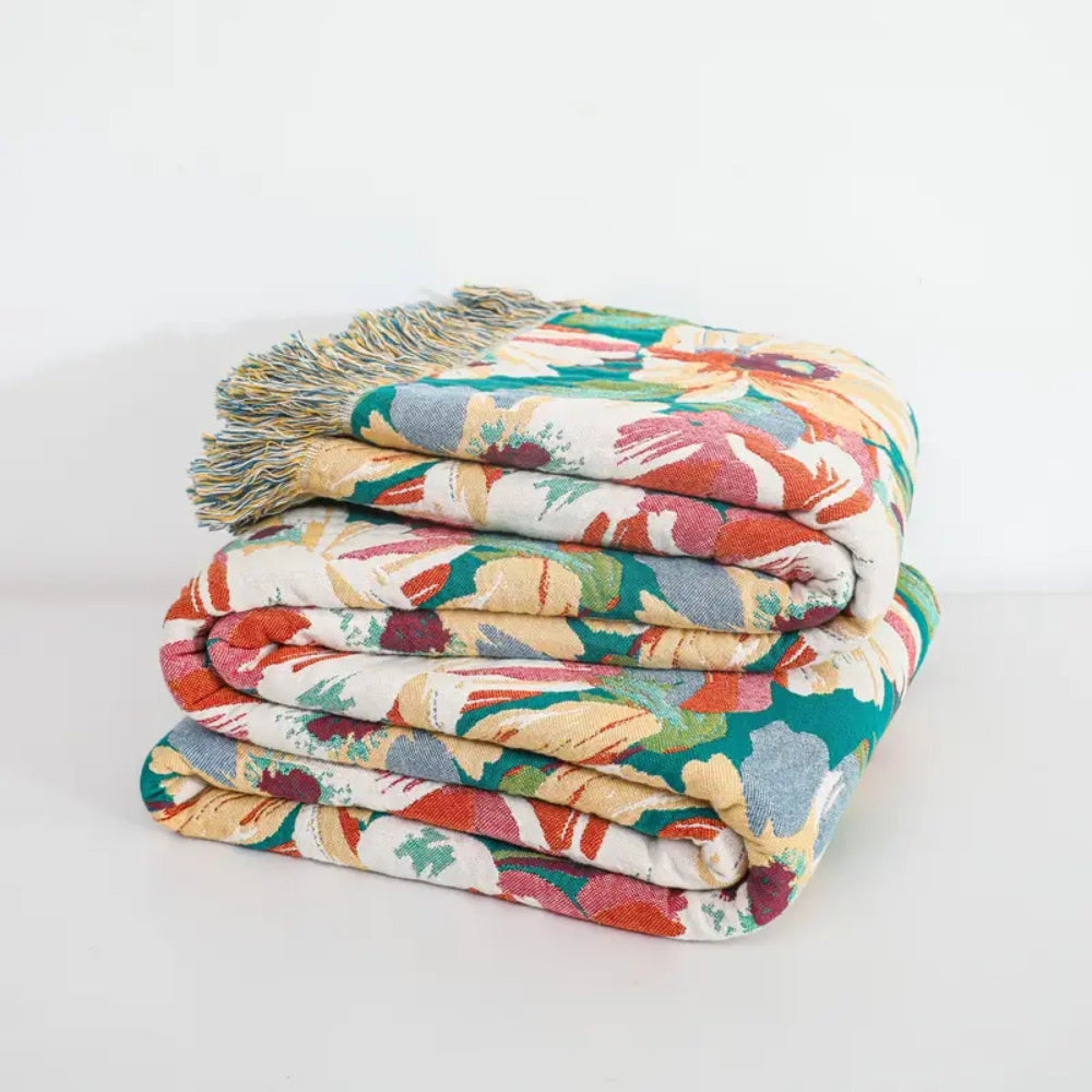 Floral Cotton Throw Blanket with Tassels