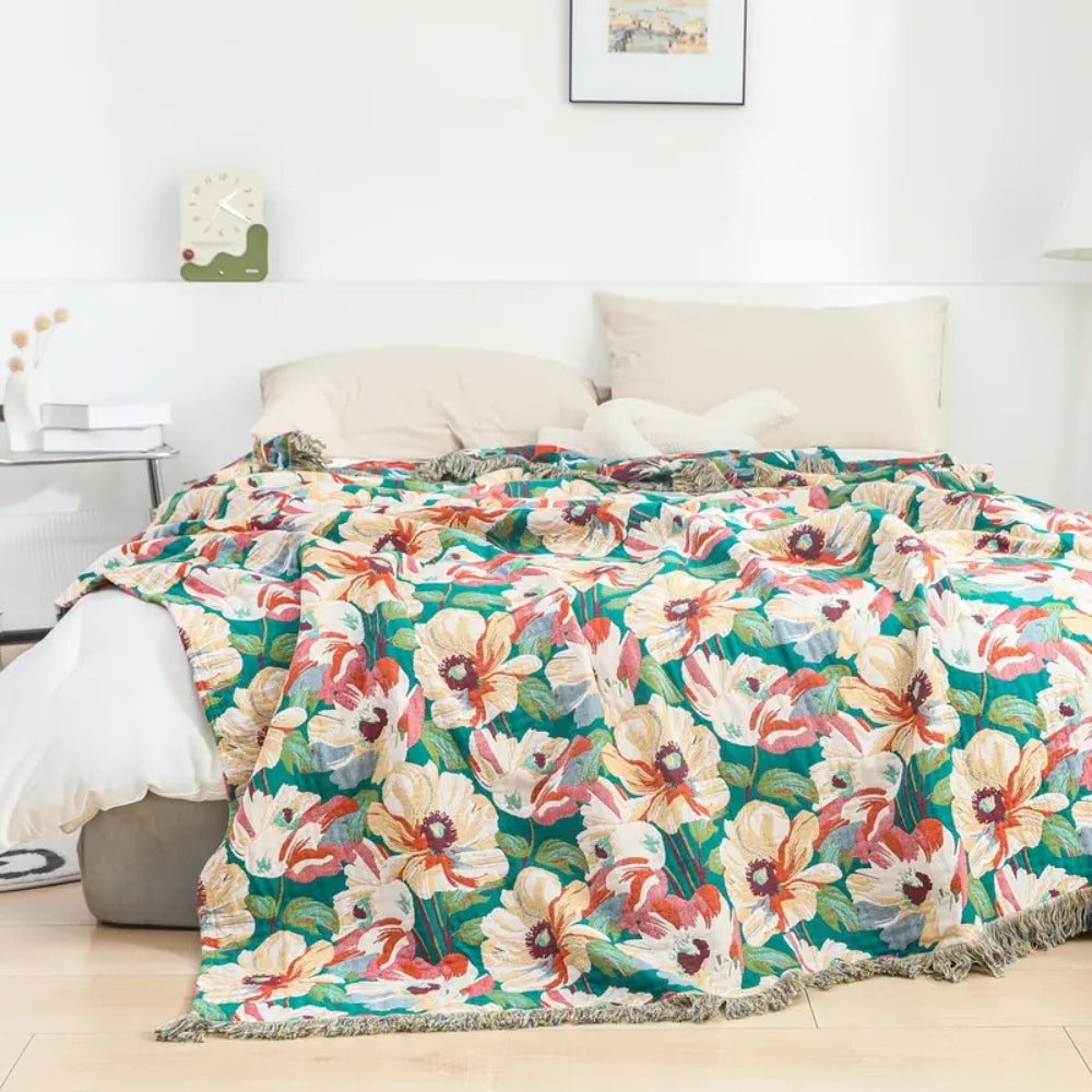 Floral Cotton Throw Blanket with Tassels