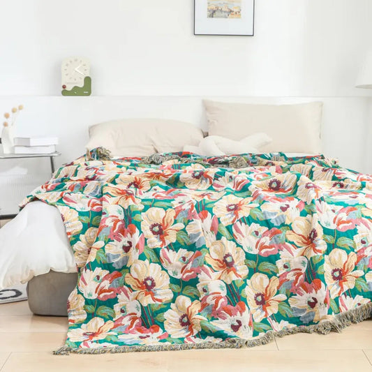 Floral Cotton Throw Blanket with Tassels