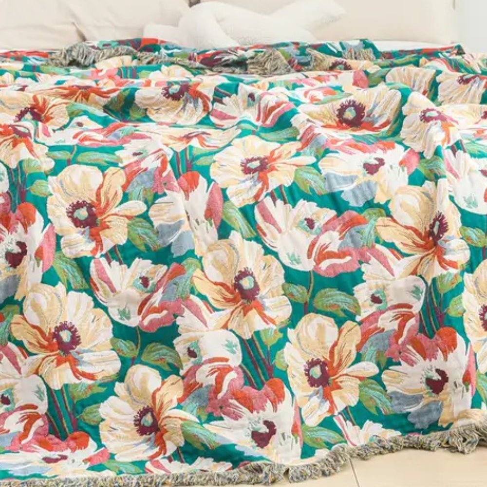 Floral Cotton Throw Blanket with Tassels