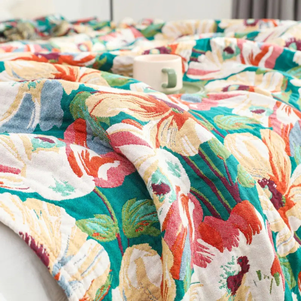 Floral Cotton Throw Blanket with Tassels