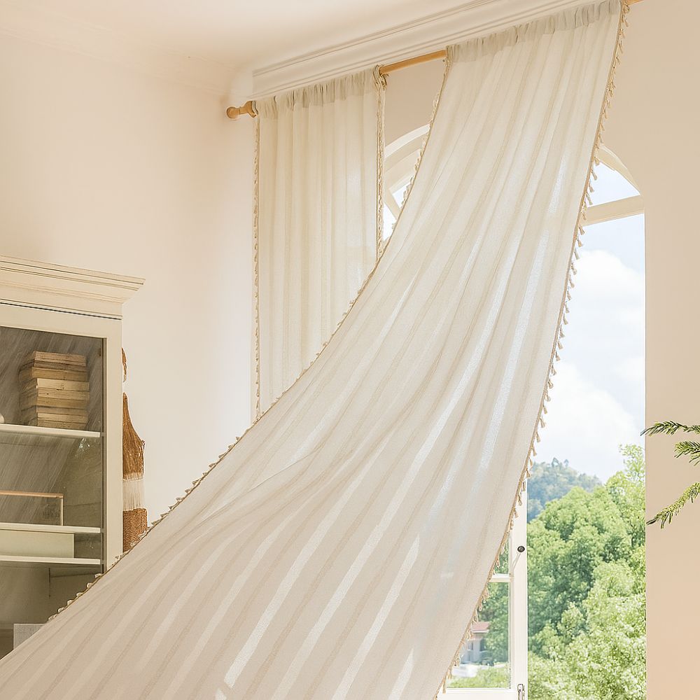 Sheer Striped Tassel Curtain for Light Filtering
