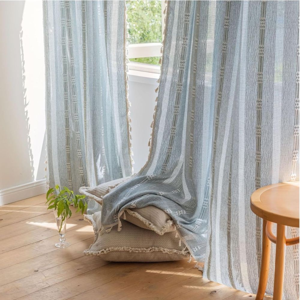 Sheer Striped Tassel Curtain for Light Filtering