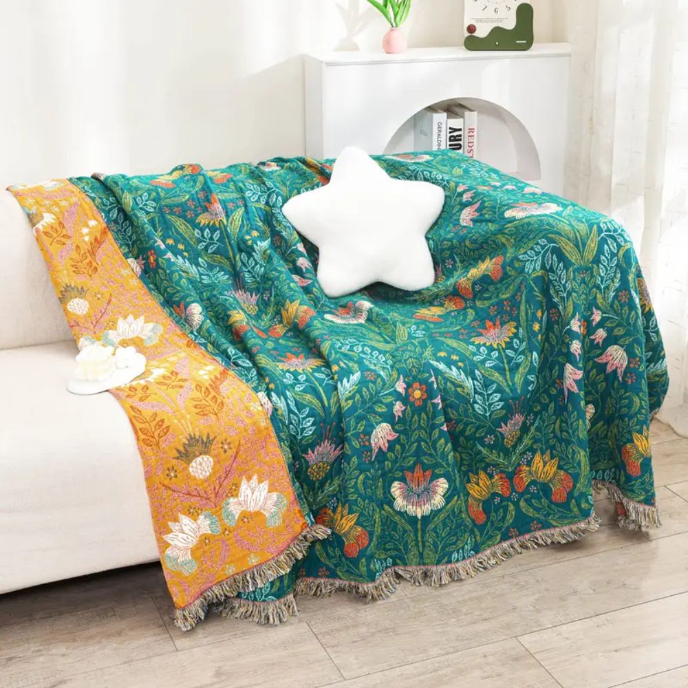 Reversible Botanical Cotton Blanket with Tassels
