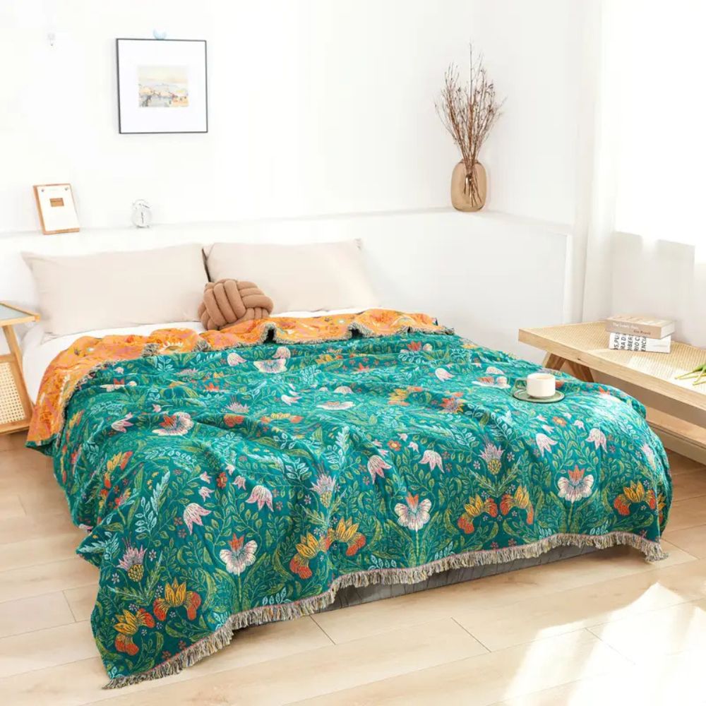 Reversible Botanical Cotton Blanket with Tassels