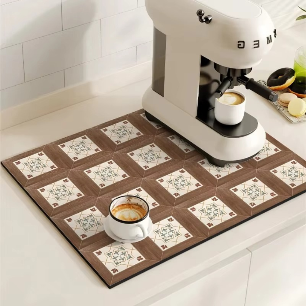 Retro Tile Design Absorbent Coffee Drying Mat