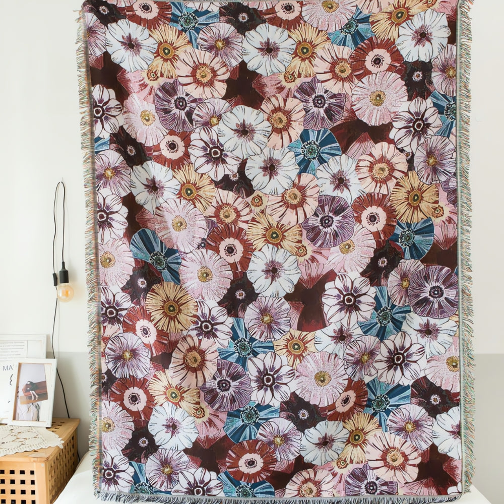 Vintage Floral Woven Blanket with Tassels