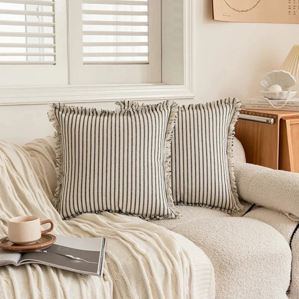 Striped Cotton-Linen Cushion Cover with Fringe