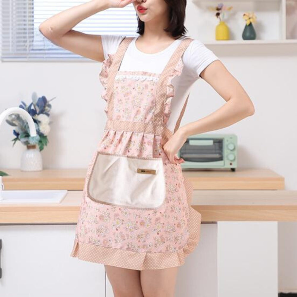 Floral Cotton Kitchen Apron with Pockets