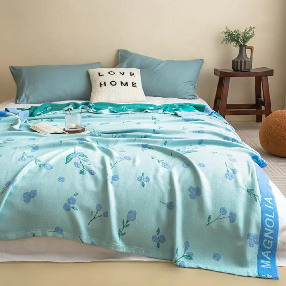 Reversible Blue Floral Bamboo Fiber Cooling Blanket