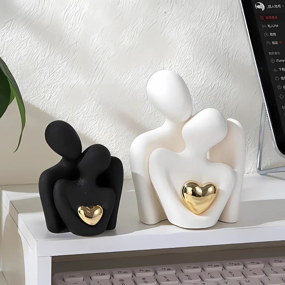 Abstract Lovers Figurine with Golden Heart - Modern Resin Sculpture