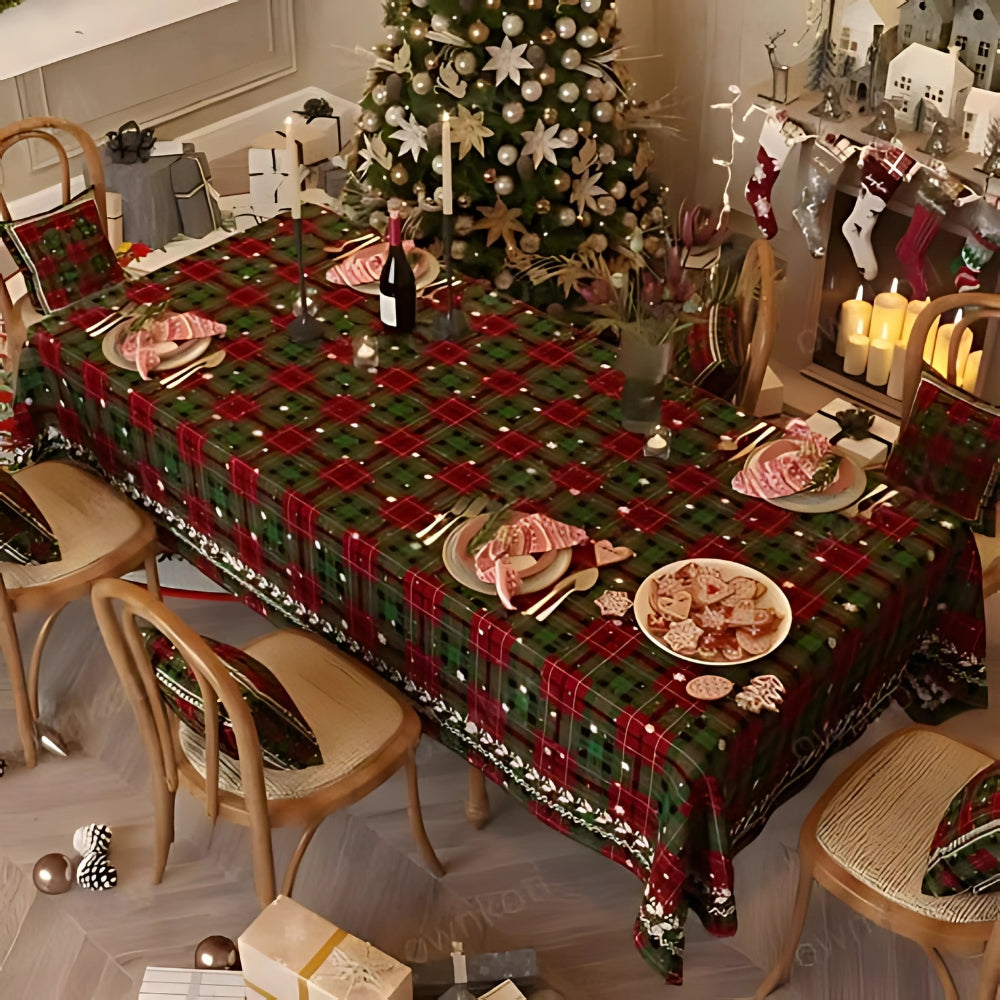 Festive Red Plaid Chenille Tablecloth