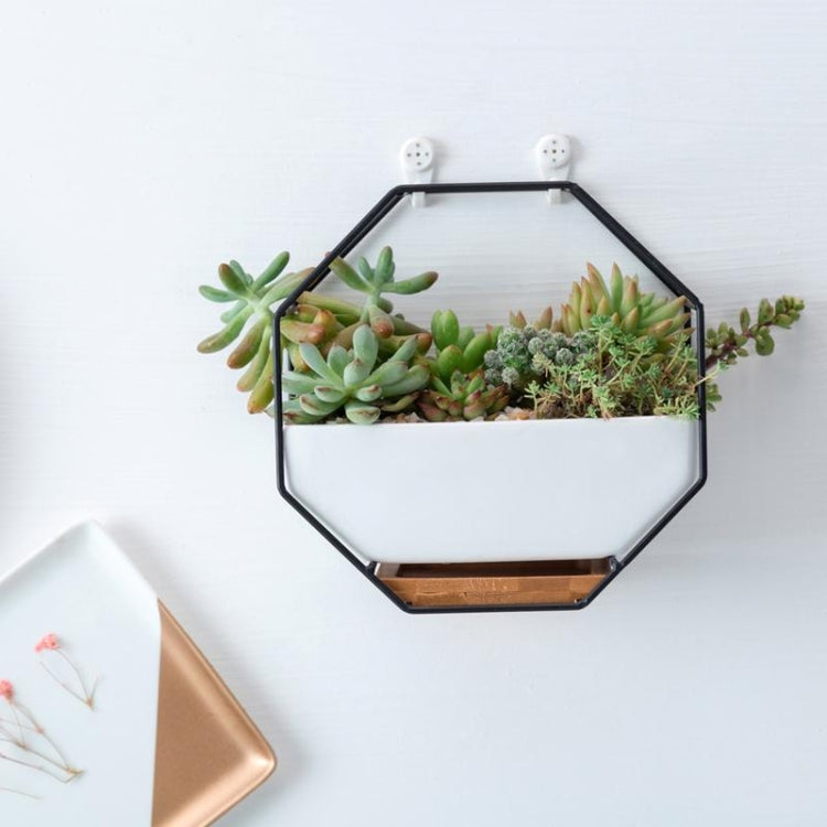 Octagonal Ceramic Wall Planter with Iron Frame and Bamboo Support