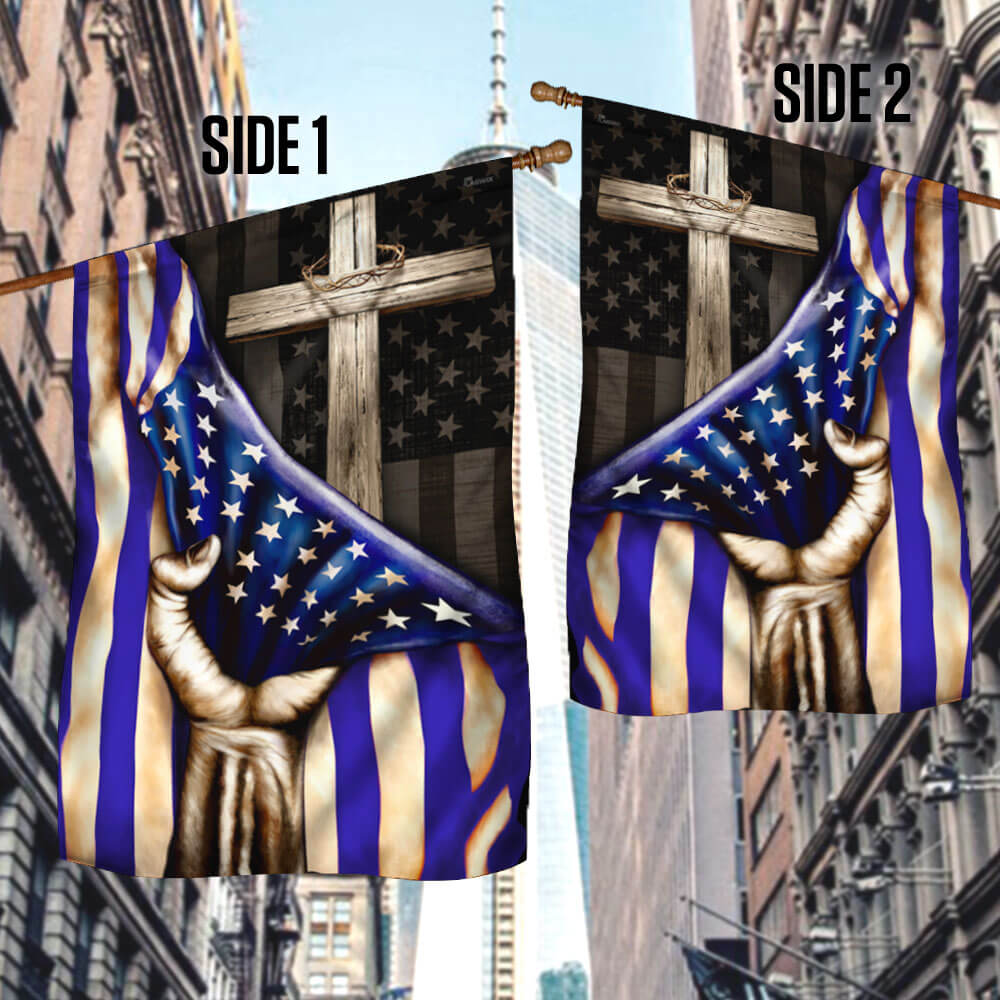 Thin Blue Line Christian Cross Flag - Double-Sided Canvas, 2 Sizes Available