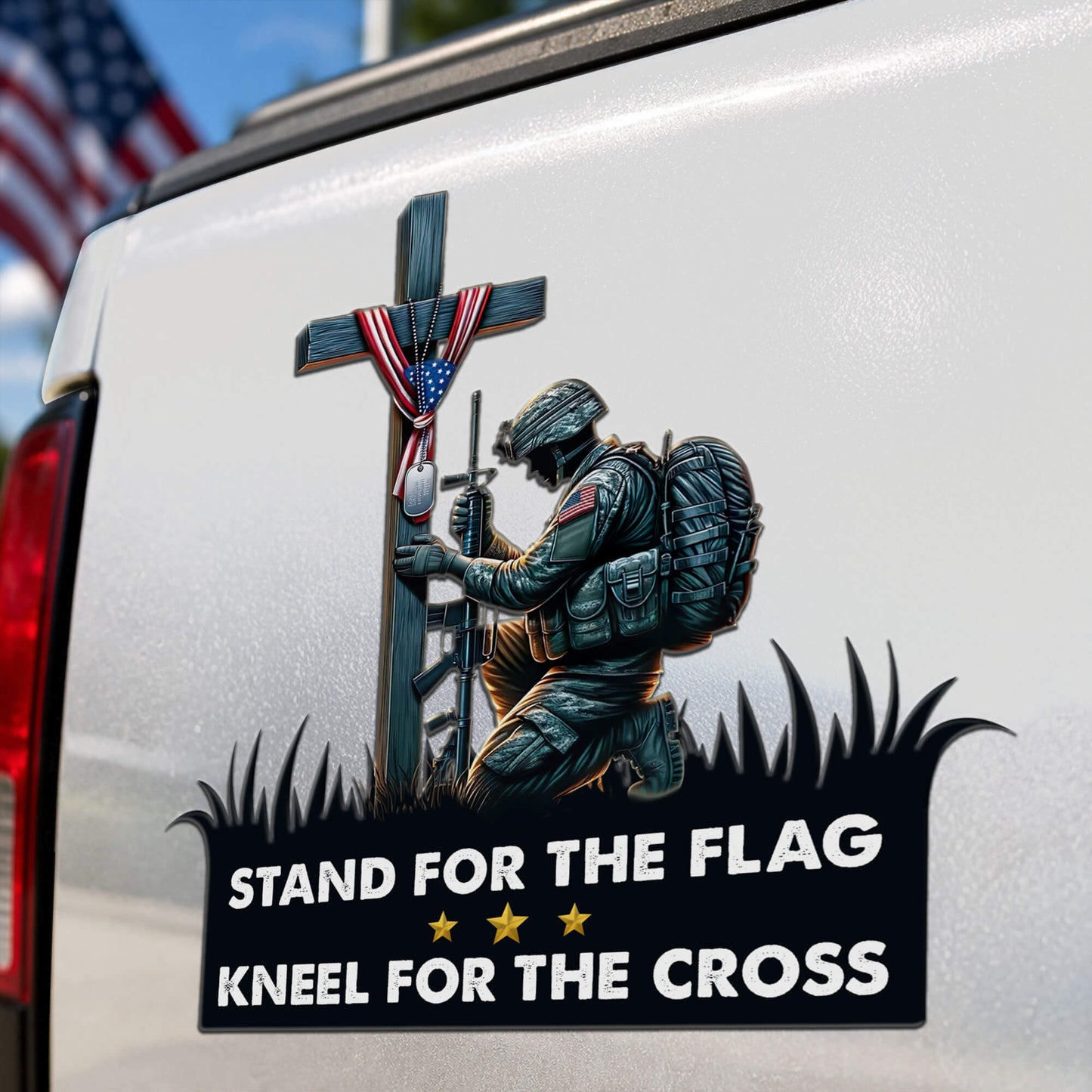 Stand For The Flag Kneel For The Cross Magnet - Military Soldier Praying Cross Decal for Cars and Fridges
