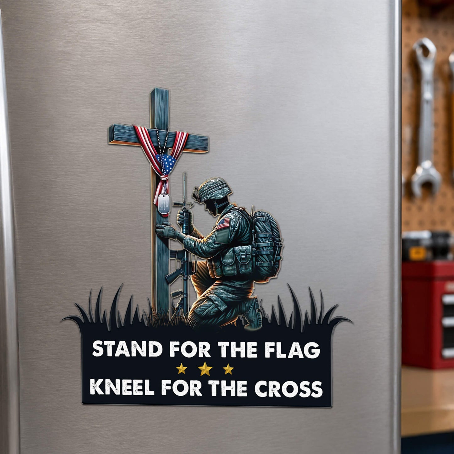 Stand For The Flag Kneel For The Cross Magnet - Military Soldier Praying Cross Decal for Cars and Fridges