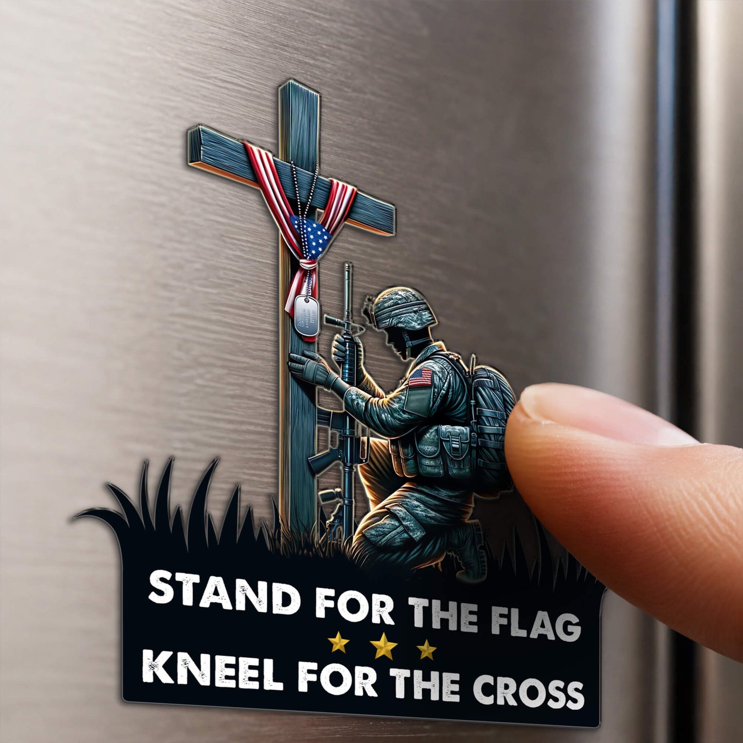 Stand For The Flag Kneel For The Cross Magnet - Military Soldier Praying Cross Decal for Cars and Fridges